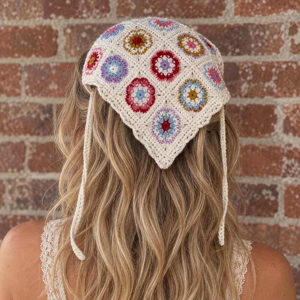 Handmade Crochet Floral Granny Square Hair Bandana Boho Festival Cottagecore